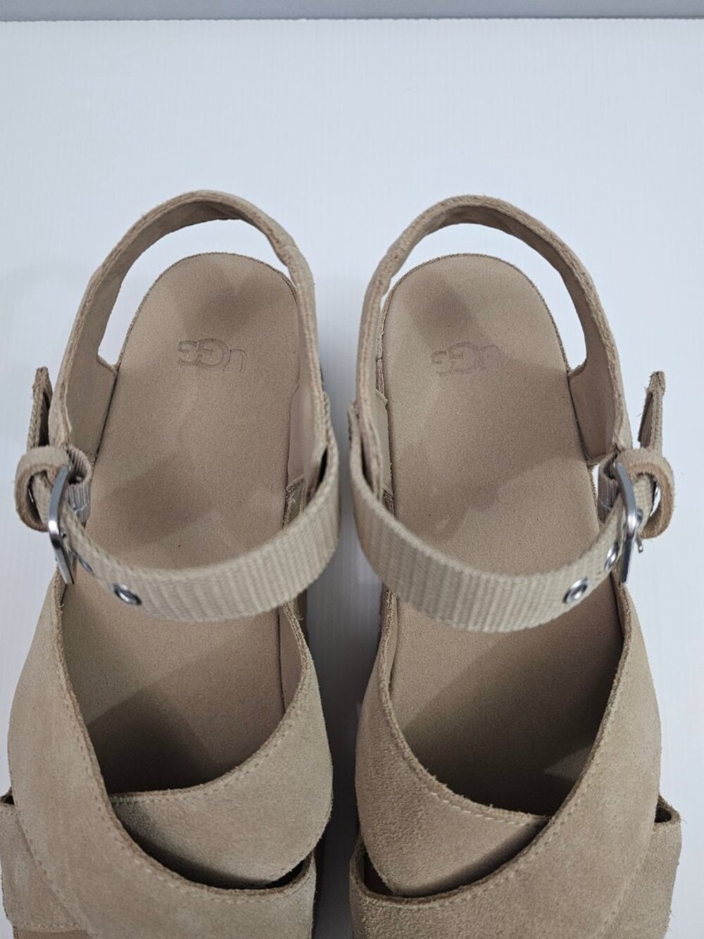 UGG Aubrey Raffia Platform Sandals Womens 11 Beige Sand Suede Ankle Strap NEW - Picture 9 of 16